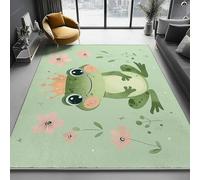 Light Green Washable Area Rug 60 x 90 cm, Cute Cartoon Frog Flowers Printed Design Short Lint Non-Slip Backing Carpet For Living Room, Open-Plan Lounge Tea Rooms Country Estates Outdoor Rug