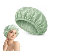 Light Green Waterproof Shower Cap with Double Layer - Soft Elastic Band for All Hair Types, Reusable Satin Lined Bonnet for Long Curly Hair, Washing Bathing Overnight Sleep Cover, Sage Green Shower
