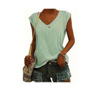 (Light Green, XL) Spring/Summer Cross border European and American New Women's Fashion and Casual Solid Color V-neck Short sleeved T-shirt on