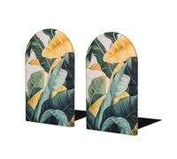 Light Green Yellow Large Leaves Boho Bookends For Shelves 2 Pcs Wooden Book Stopper Organizer For Home Office Libraries
