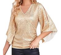 Light Grey Blouse Women's Sequin Tops 3/4 Sleeve Glitter Sparkling Blouse V-Neck Elegant Tops for Evening Party Tunic Long Sleeve Women, gold, L