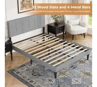 (Light Grey, Double - 135x190) Bed Frame with Adjustable Headboard Wooden Slats
