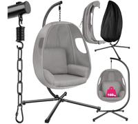 tectake® Hanging Chair - Extra Thick Cushion, 360° Swivel, Steel-Framed Hammock with Four Legs, Non-Slip Feet & Protective Cover - Height-Adjustable Egg Chair for Indoor & Outdoor Use - Light Grey