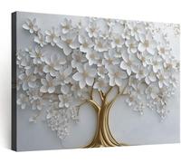 Light Grey Framed Canvas Wall Art 3D Floral Tree of Life Relief Poster Print Wall Decor Picture Painting Ready to Hang for Home Living Room Bedroom Bathroom Decorations 28 x 20 inches