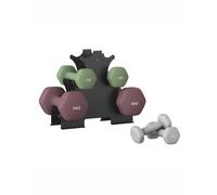 (Light Grey, Ivy Green, Wine Red) Hex Dumbbells Set with Stand - 2 x 1 kg, 2 x 3 kg, 2 x 5 kg, Neoprene Coating, Home Fitness, Grey, Green