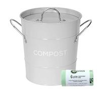 Light Grey Metal Kitchen Compost Caddy & 50x All-Green Compostable Bags - Composting Bin for Food Waste Recycling