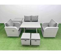 Fimous Light Grey PE Wicker Rattan Garden Furniture Set Sofa Set Reclining Chair Love Sofa Rectangular Dining Table 2 Small Stools Side Table