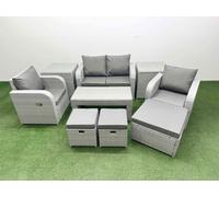 Fimous Light Grey PE Wicker Rattan Garden Furniture Set Sofa Set Reclining Adjustable Chair Oblong Coffee Table 7 Seater 3 Stools 2 Side Table
