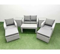 Fimous Light Grey PE Wicker Rattan Garden Furniture Set Sofa Set Reclining Adjustable Chair Oblong Coffee Table 6 Seater 2 Big Stools 2 Side Table