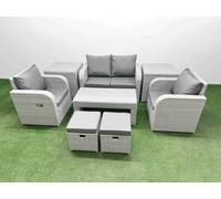 Fimous Light Grey PE Wicker Rattan Garden Furniture Set Sofa Set Reclining Adjustable Chair Oblong Coffee Table 6 Seater 2 Small Stools 2 Side Table