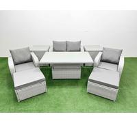 Fimous 6-Seater Light Grey PE Rattan Sofa Set | Outdoor/Indoor Reclining Chair, Adjustable Coffee/Dining Table, 2 Large Footstools, 2 Side Tables