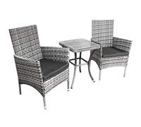 Light Grey Rattan Bistro Set Garden Furniture 3 PCs Patio Weave Companion Outdoor Chairs Table Glass Top Set Conservatory Balcony 2 Seater Grey Cushions Washable Covers UV Protection | FREE Rain Cover