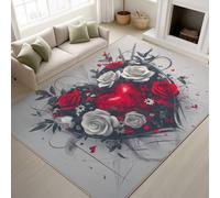 Light grey Romantic Realistic Non-slip backing Rug Red Rose Bouquet Silver Heart Pattern Grey-Black Roses & Anti-slip sticker Romantic Love Elegant Rugs 120 x 160 cm Rug for Bedroom Living Room