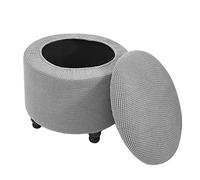 Light Grey Round Ottoman Slipcover - Stretch Footstool Cover with Lid Anti-Slip Pouffe Protector Durable Furniture Cover for Home Decor and Comfort