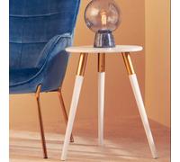 Light Grey Round Top Wooden Side Table with Natural Wood Legs and Gold Trim | No