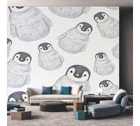 Light Grey Wallpaper, Watercolor Cute Penguin Wallpaper for Living Room, Non-Woven Decor Wall Paper, Photo Children's Room, Hallway, Mural Large 3D Home Decor 350 x 256