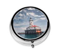 Light House Ocean This Small, Round, Three-Compartment Travel Pill Box is Perfect for Storing Daily medications, Vitamins, and on-The-go.