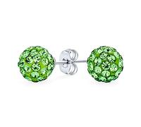 Light Lime Green Pave Crystal Disco Ball Stud Earrings for Women and Teens - Round, Simple, Basic Design - .925 Sterling Silver - 8MM
