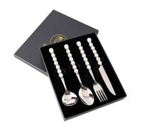 Light Luxury ABS Pearl Inlaid with Diamond Handle Kitchen Stainless Steel Silverware Tableware Flatware Cutlery Set Steak Knife Fork Spoon Teaspoon (Gift Box 4 Piece Set)