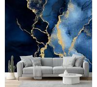 Light Luxury Abstract Photo Wallpaper 200 X 140 Cm - Non-Woven Premium Art Print Fleece Wall Mural Decoration Poster Picture Design Modern - Blue Gold Marble Ink for Kids Bedroom Living Room