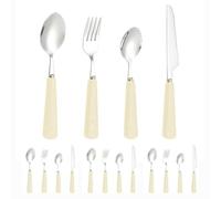 Light Luxury Cute Ceramic Cheese Handle Kitchen Stainless Steel Silverware Tableware Flatware Cutlery Set Steak Knife Fork Spoon Teaspoon (White,16 pieces)
