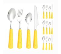 Light Luxury Cute Ceramic Cheese Handle Kitchen Stainless Steel Silverware Tableware Flatware Cutlery Set Steak Knife Fork Spoon Teaspoon (Yellow,16 Pieces)