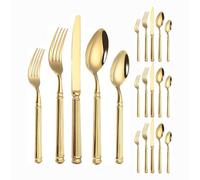 Light Luxury Forged Solid Roman Column Handle Kitchen Stainless Steel Silverware Tableware Flatware Cutlery Set Steak Knife Fork Spoon Teaspoon (Gold,20 pieces)