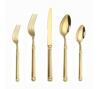 Light Luxury Forged Solid Roman Column Handle Kitchen Stainless Steel Silverware Tableware Flatware Cutlery Set Steak Knife Fork Spoon Teaspoon (Gold,5 Pieces)