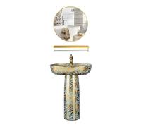 Light Luxury Gold Column Basin, 2-Pieces Floor Standing Vanity Sink Combo with Faucet & Drain and Mirror, Ceramic Art Basin(Color:A) (D One Size)