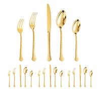 Light Luxury Hammer Pattern Handle Kitchen Stainless Steel Silverware Tableware Flatware Cutlery Set Steak Knife Fork Spoon Teaspoon (Gold,20 Pieces)