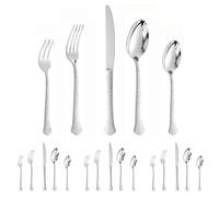 Light Luxury Hammer Pattern Handle Kitchen Stainless Steel Silverware Tableware Flatware Cutlery Set Steak Knife Fork Spoon Teaspoon (Silver,20 pieces)