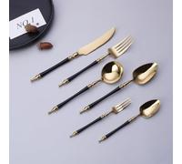 Light Luxury Legendary Roman Pillar Handle Kitchen Stainless Steel Silverware Tableware Flatware Cutlery Set Steak Knife Fork Spoon Teaspoon (Black Gold,24 pieces)