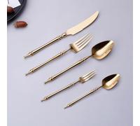 Light Luxury Legendary Roman Pillar Handle Kitchen Stainless Steel Silverware Tableware Flatware Cutlery Set Steak Knife Fork Spoon Teaspoon (Gold,5 pieces)