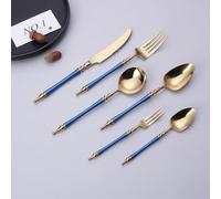 Light Luxury Legendary Roman Pillar Handle Kitchen Stainless Steel Silverware Tableware Flatware Cutlery Set Steak Knife Fork Spoon Teaspoon (Blue Gold,6 Pieces)