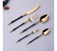 Light Luxury Legendary Roman Pillar Handle Kitchen Stainless Steel Silverware Tableware Flatware Cutlery Set Steak Knife Fork Spoon Teaspoon (Black Gold,5 pieces)