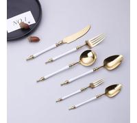 Light Luxury Legendary Roman Pillar Handle Kitchen Stainless Steel Silverware Tableware Flatware Cutlery Set Steak Knife Fork Spoon Teaspoon (White Gold,24 Pieces)