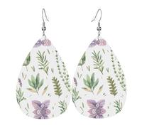 Light luxury texture - suitable for daily wear, party date earrings Green Flower Herb Sage Leaves and Branches Printed teardrop-shaped leather earrings