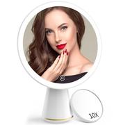 Light Mirror on Stand, Small LED Vanity Round Light Up Looking Glass with 10X Mini Magnification Mirror, 155mm Dual Power Portable Touch Control Dimmable Makeup Mirrors for Skin Cleaning Shaving,White