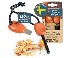 LIGHT MY FIRE Fire Steel Outdoor Scout 2-in-1 with Emergency Whistle, Fire Steel Survival Gadget Flint Lighter, Eternal Match with Bio-based Plastic Handle 3000 Ignitions