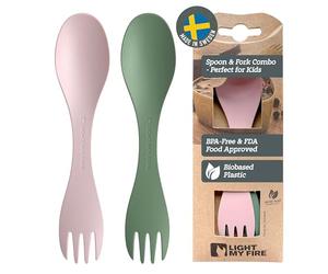 Light My Fire Spork Little 2-in-1 Durable Kids Cutlery Set 3 Year Old 2-Pack Reusable Travel Toddler Cutlery Set, BPA-Free Easy-to-Use Picnic Sporks Plastic Camping Accessories On-The-Go, Green/Pink