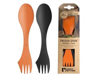 Light My Fire Spork Original 2-Pack 3-in-1 Camping Accessories Knife Fork Spoon Set Survival Camping Gifts for Scouts, Reusable Travel Cutlery Set, Quality Plastic Cutlery BPA Free Sporks Orange/Black