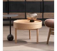 Light Oak Veneer Round Revolving Top Side Table with Hidden Storage Compartment,