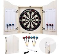 Light Oak Wooden Dartboard Cabinet Set with Sisal Dartboard and 2 Sets of 18 g Darts - Wall Mounted Home Pub Club Darts Game 065018