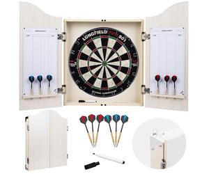Light Oak Wooden Dartboard Cabinet Set with Sisal Dartboard and 2 Sets of 18 g Darts - Wall Mounted Home Pub Club Darts Game 065018