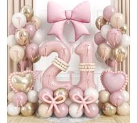 Light Pink 21 Number Balloon, 21st Birthday Decorations for Her, Dusty Blush Pink Gold White Sand Latex BalloonsBow Heart Foil Balloon with Ribbon Bow for Boho 21st Birthday Anniversary Party Decor