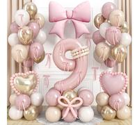 Light Pink 9 Balloon Number, Dusty Baby Pink Gold Sand White Latex Balloons 40 Inch 9th Birthday Decorations Balloons Bow Heart Foil Balloon for Girls Boho 9 Year Old Birthday Anniversary Party Decor