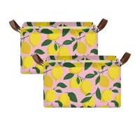 Light Pink Bg Yellow Lemon Storage Basket Foldable Cube Storage Bins with Handles&Label Waterproof Collapsible Organizer Box Bin Large Rectangle Decorative Baskets for Shelves Home Room Laundry-2 PC