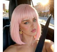 Light Pink Bob Wigs with Bangs (Can Be Trimmed) Straight Short Wigs for Women Synthetic Pink Wig for Cosplay Women Funny Wig for Party Halloween Daily Anime Costume Events Wear(Light Pink)