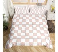 Light Pink Checkered Duvet Cover Double White Cream Checkerboard Bedding Set,Buffalo Plaid Grid Comforter Cover For Kids Girls Teen Aesthetic Geometric Gingham Bed Set Modern Room Decor