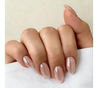 Light Pink Fake Nails - 30Pcs Short Almond Press on Nails - Pink Chrome False Nails - Full Cover Stick on Acrylic Nails with Glue - Easy to Apply & Reusable Nail Tips - Daily Salon Look